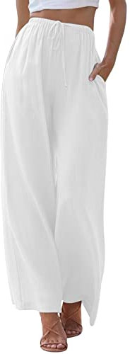 ZhungZaoh Sommerhose Damen Sommer Leinen Leicht Casual Locker Leinenhose Freizeithose Palazzo Hose Weite Leg Hose Stoffhose Hohe Taille mit Tunnelzug und Taschen (01-White, XXL)