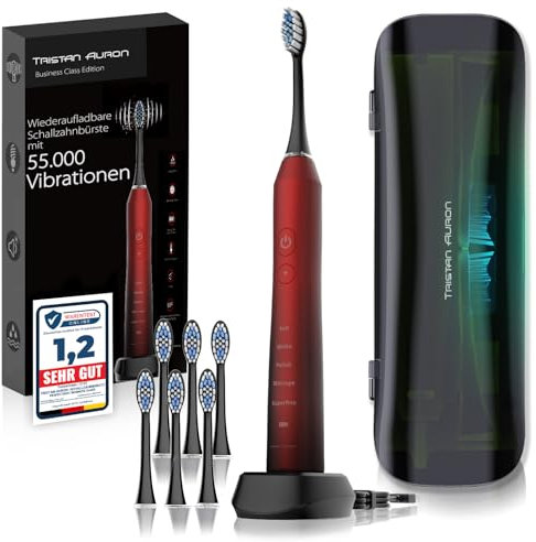 Tristan Auron Schallzahnbürste - Beste Reisezahnbürste 2025-100 Tage risikofrei testen - 55000 Elektrische Schwingungen 5 Programme 60 Tage Batterie mit UV Reiseetui 6 Aufsätze Business Class Rot