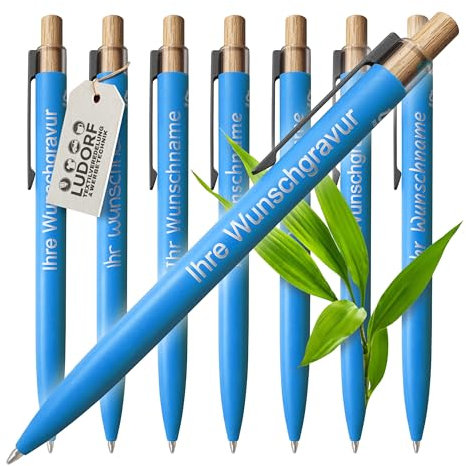 #teamludorf - 25x Aluminium Kugelschreiber mit Lasergravur - Metallclip, Bambusdrücker, blau schreibend - personalisiertes Werbegeschenk, Farbe:Hellblau, Menge:25 Stück