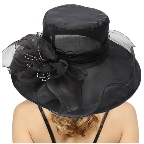 Damen Organza Kirche Fascinator Hut Elegante Schleife Breite Krempe Brauthut Tea Party Hochzeit Sonnenhut Sonnenschutz Kappe Frauen Cap Strandhut