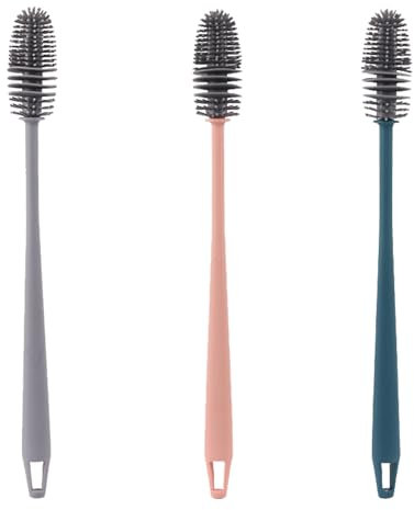 Spazzola per bottiglie con manico lungo in silicone, spazzola per tazze, spazzola per piatti, spazzola per vetri, spazzola per bottiglie, spazzola per la pulizia, 3 pezzi