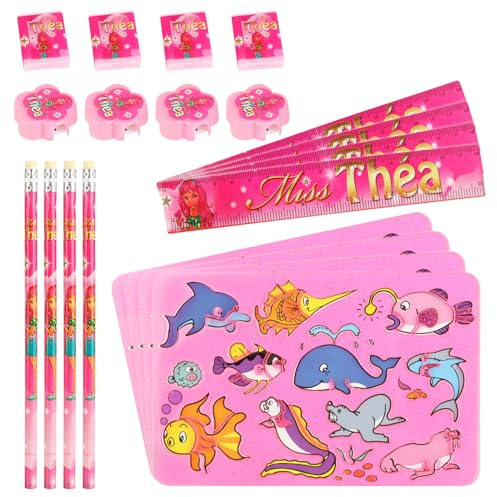 com-four® 20-teiliges Schreibset, Pinkes Schulschreibset mit Lineal | Bleistift - Anspitzer - Radiergummi und Meerestier-Schablonen