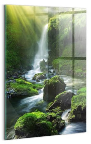 Wallfluent Für die Küche Badezimmer und Schlafzimmer Wanddekoration Mit Motiv 40x60cm Glasbild Bild Dicke 4mm Wandbild Gehärtetes Glas - Wasserfall und Felsen