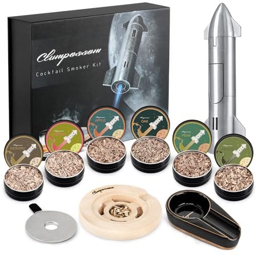Cocktail Smoker Kit with Torch, 6 Flavors Wood Chips with Kit, Cocktail Bourbon Smoker Kit, Old Fashioned Drink Smoker Kit, Birthday Whiskey Bourbon Gifts for Men, Dad (Without Butane), Silver