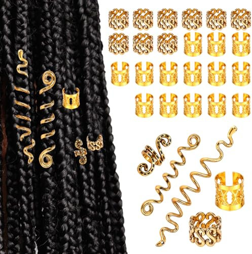 AOZUO 28 Stück Gold Dreadlocks Haarschmuck, Verstellbar Metall Cuffs Festival Haarschmuck Gold Dreadlocks Perlen Flechtet Haar Schmuck Haarperlen Zum Klipsen für Zöpfe Für Männer Und Frauen