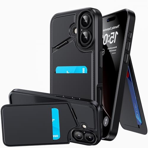 Muigi for iPhone 16 Plus Wallet Case with Phone Stand,RFID Blocking Card Holder Slot, Shockproof Strong Magnetic MagSafe PU Leather Slim Shockproof Phone Cover BLACK