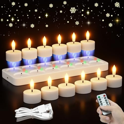 CAMCLIM Rechargeable Flameless Tea Lights Candles with Charging Station 12Pcs Battery Tea Lights Candles with Remote & Timer LED Tealight Flickering Realistic for Home Christmas Wedding Decor - White