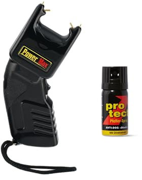 Elektroschocker Power Max 500.000 V Stun Gun zugelassen in Deutschland mit 2X 9 V Batterien + Protect Pfefferspray 40ml Direktstrahl