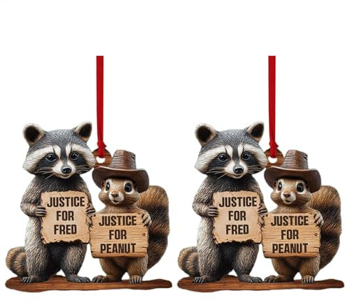Eichhörnchen Weihnachtsschmuck - 2ST Weihnachtsbaumanhänger mit JUSTICE FOR F.RED und JUSTICE FOR PEANUT Schild, 2D Flachacryl Waldtier Muster-Hängeanhänger für Weihnachtsbaum Rückspiegel Zuhause Büro