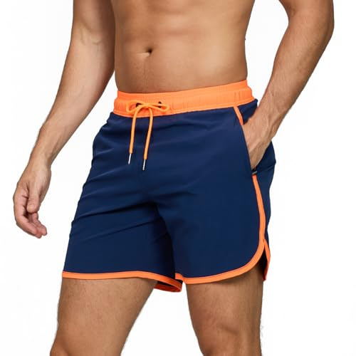 TMEOG Bañador Hombre Short de Playa Surf Secado Rapido Pantalones Cortos Cordon Bañadores Piscina Natacion Retro Traje de Baño con Bolsillo y Forro de Malla Swimming Shorts(Naranja Azul Oscuro,L)