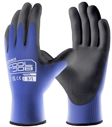 COOLJOB 12 Pairs Safety Work Gloves Pack Bulk with Grip PU Coating, 13 Gauge Seamless Knit Gloves with Polyurethane Dipped for Warehouse Working, Breathable Lightweight for Men Women, (Blue, Large)