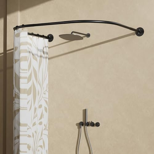 Womamny Tringle Rideau Douche sans Percage, Barre de Douche Extensible U Forme, 95-165 cm Tringle Rideau Douche sans Percage, Barre De Douche Angle MéTal, Tringle Douche Angle Noir