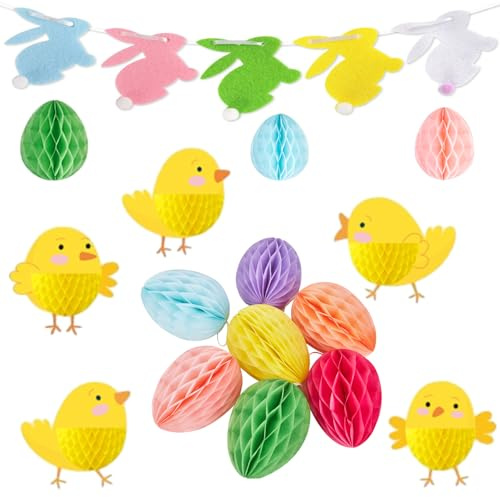 GOGOLAN 17 Pcs Easter Honeycomb Decorations 3D Bunny Chick Egg Honeycomb Tissue Paper Hanging Ornament for Spring Easter Decors, Bunny Themed Party, Garden Party, and Egg Hunt Supplies