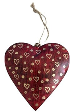 Vintage Metallherz XXL Deko-Anhänger, Rot mit Gold, 12 x 12cm groß, mit Jute-Kordel