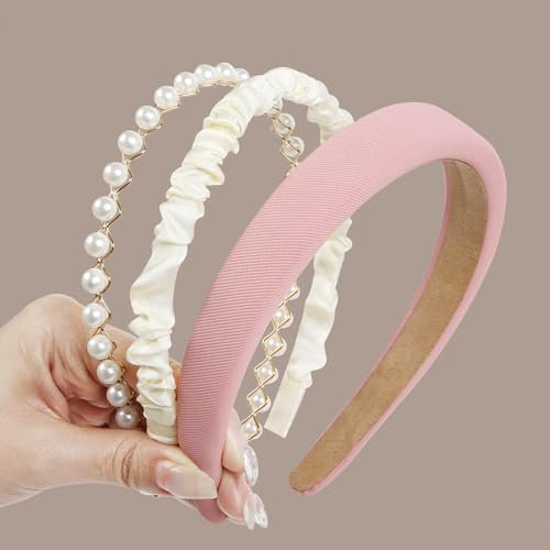 DIELOVEHUA 3 Pièces Serre Tete Fille, Serre Tete Femme, Bandeaux Tendance pour Femmes, Bandeaux de Perles, Bandeau de Couleur Unie, pour Anniversaire Saint Valentin Fête Mariage (Rose)