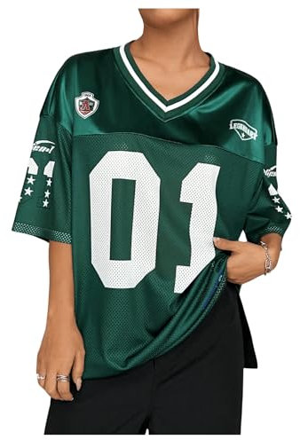 GORGLITTER Women's Letter Graphic Loose Jersey Oversized T Shirts V Neck Half Sleeve Mesh Streetwear Tops Green Large