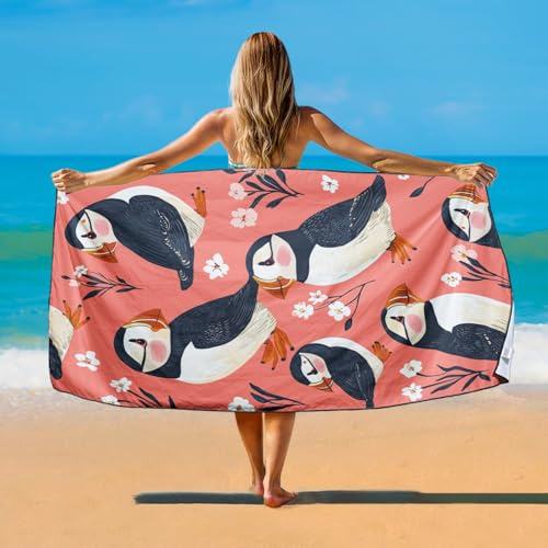 YISUMEI Mikrofaser Strandtuch XXL, Puffin Motiv, papageientaucher Strandtuch, Strandhandtuch Leicht Badehandtuch Schnelltrocknend, 180 x 90 cm, für Strand und Schwimmbad