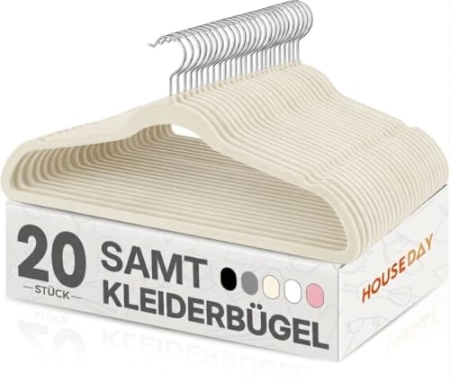 HOUSE DAY Kleiderbügel Samt 20 Stück, Kleiderbügel Platzsparend, Beige | Rutschfeste, Schmale Bügel mit 360° drehbarem Haken, Premium Anzugbügel für mehr Ordnung und Platz im Kleiderschrank