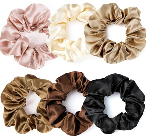 6 Stück Haargummi Damen Seiden Elastische Scrunchies, 10 cm Satin Haargummis in 6 Farben (Braun, Rosa, Beige, Bordeaux, Schwarz, Grau), Sanft zum Haar für Frauen und Mädchen