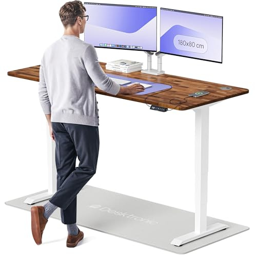 Desktronic Höhenverstellbarer Schreibtisch aus massivem Nussbaumholz (180x80cm) – Elektrisch höhenverstellbar mit flüsterleisem Dual-Motor & Touchscreen – Hohe Tragfähigkeit – Stehtisch HomePro