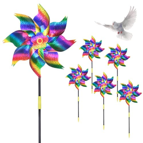 AOOWU Répulsif Oiseaux, 6PCS Réfléchissant Moulin à Vent Effaroucheurs, Moulin à Vent Réfléchissant Anti-Oiseaux, Moulins à Vent Jardin Exterieur, Effaroucheur Oiseaux Decoration, pour Le Verger Ferme