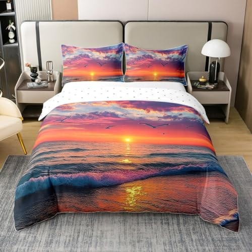 Homemissing Strand Thema 100% Baumwolle Bettwäsche Set 135x200cm Kinder Sommer Meer Ozean Sonnenuntergang Bettbezug für Kinder Jungen Mädchen Welle Küstenmöve Naturlandschaft Betten Zimmer Dekor