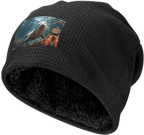 ASKhgg Robben-Welpe mit Wasseraufdruck, Waffelstrick, warm, dick, lässig, weich, Beanie-Mütze, für Herren und Damen, Schwarz, Schwarz , Einheitsgröße