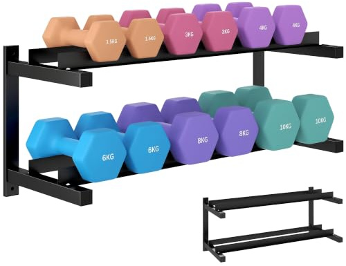 SPORTNOW Wall-Mounted Dumbbell Rack 2-Tier Weight Rack for Home Gym Black | Space-Saving Dumbbell Stand, Multi-Functional Organiser for Kettlebells and Yoga Mats, Weights Wall Storage