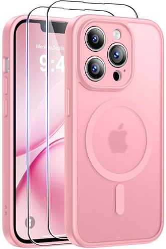FLLAO Coque pour iPhone 13 Pro (6,1 Pouces) avec 2 Verres Trempés, Compatible avec Mag Safe, Coque Mat Translucide Fine Antichoc, PC Dur Housse Arrière Anti-Rayures + TPU Bumper Antichoc, Rose