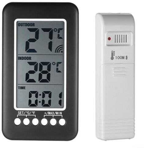 Thermomètre numérique sans fil intérieur/extérieur avec écran LCD, suivi de la température max/min, émetteur de portée de 100 m, commutable, pour jardin et extérieur