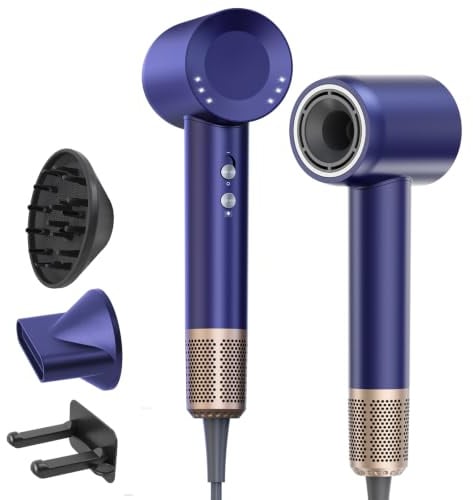 Föhn Mit Diffusor, Ionen Haartrockner, 160.000 U/Min, Leise & Schnell, Blau | 4 Temperaturen, 2 Luftstufen Und Zwei Styling-Aufsätze Für Definierte Locken, Glattes Haar Und Weniger Frizz