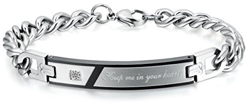 JewelryWe Schmuck Edelstahl Armband Panzerarmband mit Keep Me in Your Heart Gravur Panzerkette Partnerarmband Herren Männer Armreif, Silber Schwarz, mit Geschenk Tüte