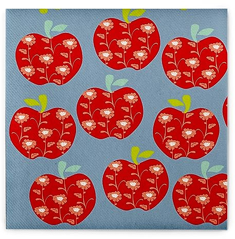 Sovie HOME Serviette Livia in ROT-BLAUGRAU aus Linclass Airlaid, 40x40cm, 12 Stück, Design mit roten Äpfeln und Blumendetails auf grauem Hintergrund, stoffähnliche Einwegserviette