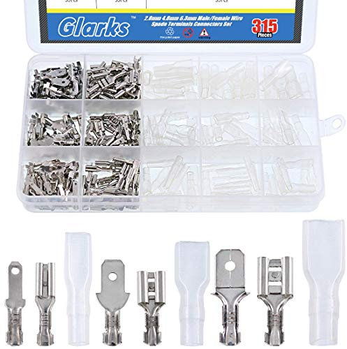 Glarks 315 Stück Schnellverbinder 2,8 mm 4,8 mm 6,3 mm männlich und weiblich Flachsteckverbinder Draht Crimpklemmenblock mit Isolierhülse Sortiment Kit
