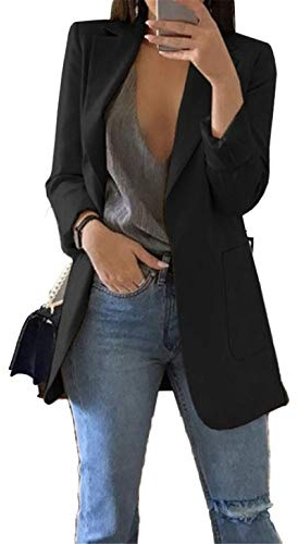 JIER Damen Elegant Langarm Blazer Langärmliger Anzugjacke Einfarbig Cardigan Business Slim Fit Bolero Jacke Anzug Trenchcoat Mantel mit Tasche