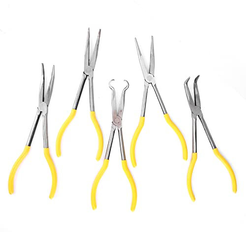 5 Pieces Carbon Steel Long Nose Pliers O-Shape Clamp Spark Plug Pliers Bend Tips Electrician Craft Hand Tool Set O Shape Clamp Hand Tool with Non-Slip Handle