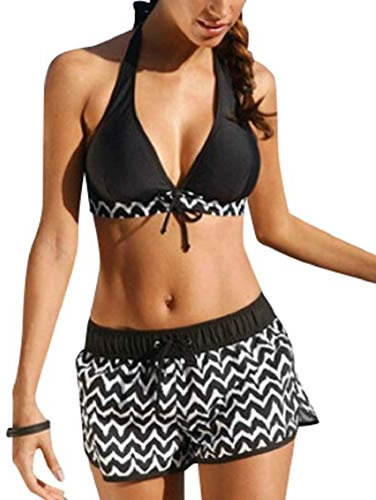 Heekpek Women's Black XL Striped Tankini Set with Padded Push Up Halter Top and Boyshort Bottom