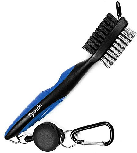 Tyouki Golf Brush with Groove Cleaner, Nylon & Steel Golf Club Brush Portable Golf Clean Tool with Adjustable Aluminum Carabiner for hanging on golf bag, Lightweight, Ergonomic Design (Blue)