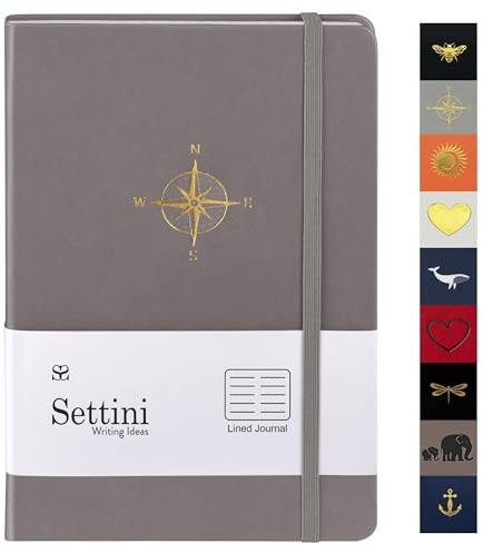 SETTINI Journals for Writing - Hardcover Notebook - Cute Journal - Lined Journal - A5 Notebook - Writing Journal - Faux Leather, Elastic Closure, Bookmark, Inner Pocket Flach (Grey Compass)