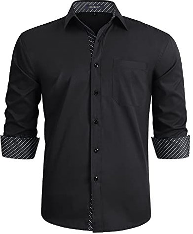 HISDERN Men Black Stripe Dress Shirt Long Sleeve Business Regular Fit Wedding Work Party Button Down Shirts