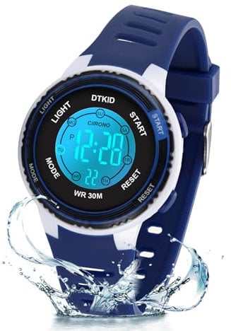 DTKID Montre Enfant Garcon Fille, Montre Digitale Enfant 7 Lumières Colorées, Chronomètre, Affichage de Date et Semaine, Mode 12/24H, 30M Étanche 5-15 Ans