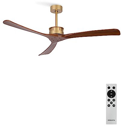 CREATE / WINDLARGE/Ventilador de techo oro aspas madera oscura con mando/XL, función verano-invierno, 6 velocidades, temporizador 1 a 4 h, 2 alturas,aspas blancas, 40W, Ø152 cm