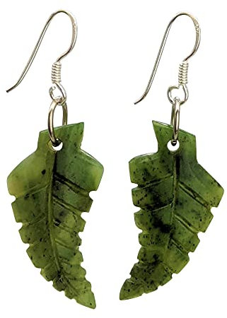81stgeneration Hand Carved Nephrite Fern Leaf Dangle Earrings With 925 Sterling Silver - Maori Greenstone Leaf-Shaped Earrings - Gemstone Tribal Jewellery for Women - Nature-Inspired Accessory