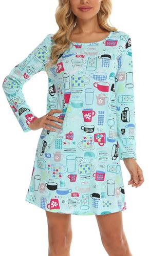 MIA LUCCE Chemise de nuit pour femme avec imprimés mignons, chemise de nuit longue avec col rond, Tasse bleue, XL