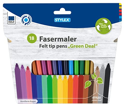 Stylex 64185 - Fasermalstifte aus recyceltem Kunststoff, 2 mm Spitze, mit ventilierter Kappe, 18 Stück