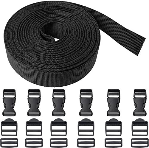 Gurtband Set mit 18 Schnallen, 6 Meter Länge, 25 mm Breite, in Schwarz, Gurt Band aus PET Material, Gurt Riemen Set mit je 6 x 25 mm Steckschnalle, Leiterschnalle, Stegschnalle, Taschengurt DIY Kit