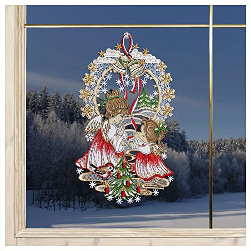 DSD Design-Studio Drechsler Winter-Fensterbild Engelchen mit Weihnachtsbaum Plauener Spitze Advents-Dekoration 30 x 18 cm