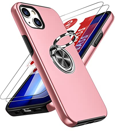 LeYi for Apple iPhone 13 Phone Case with 2 Tempered Screen Protector | with 360 Ring Holder Stand Magnetic Shockproof Heavy Duty Protective Phone Cover for i Phone 13 Pink