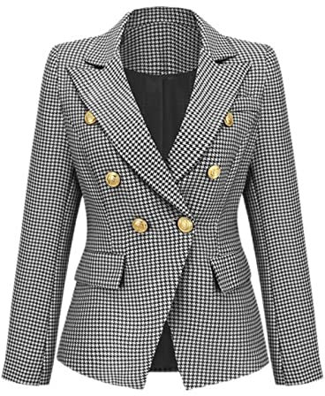 Blazer à revers à carreaux pour femme - Manches longues - Imprimé pied-de-poule - Noir - XXL