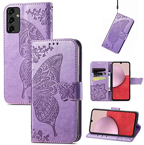 Roar Handyhülle für Samsung Galaxy A14 Hülle Flip Case Lila | Hochwertige PU Leder Handy Hülle im Schmetterling & Blumen Design: 3 Kartenfächer, Geldfach, Magnetverschluss, Stoßfest